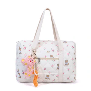 Floral & Bear Print Quilted Baby Nappy Bag – Large Capacity Travel Duffel