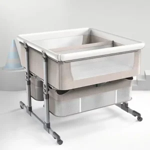 Baby Bed for Twins – Portable Double Crib with Breathable Mesh Walls- Twin Side-by-Side Baby Bed – Height Adjustable Double Bassinet with Storage Basket