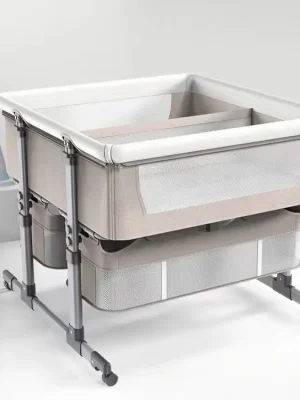 Baby Bed for Twins – Portable Double Crib with Breathable Mesh Walls- Twin Side-by-Side Baby Bed – Height Adjustable Double Bassinet with Storage Basket