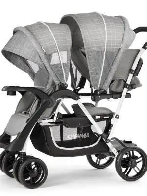 Luxury Custom Linen Foldable Tandem Pushchair for Twins or Siblings | Travel Double Buggy