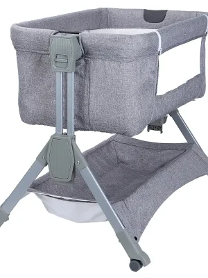 Modern Grey Folding Baby Crib | Portable Bassinet with Wheels | Newborn Co-Sleeper & Adjustable Bedside Cot